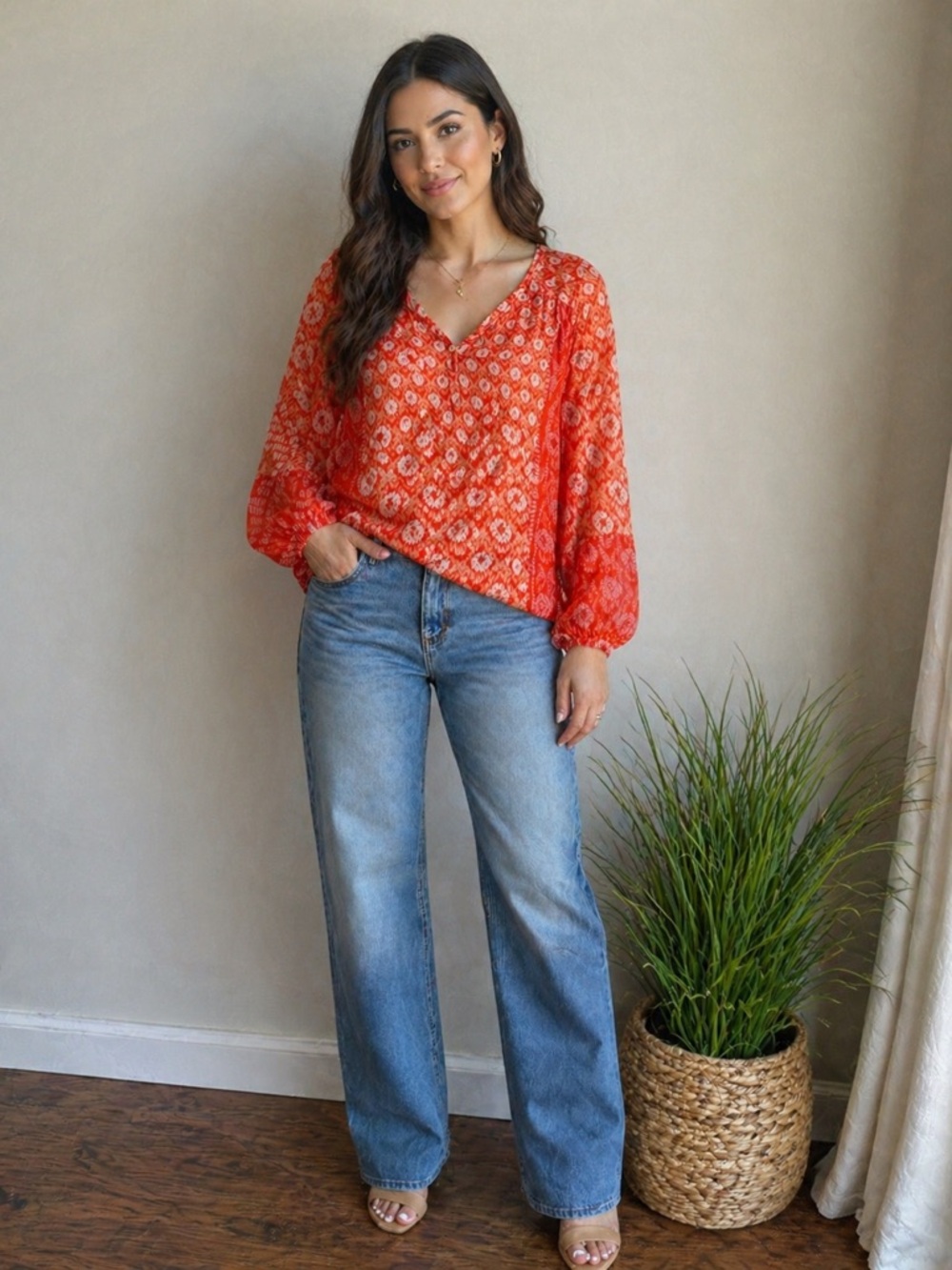 Lucky Brand Orange and Cream Printed Button-Front Blouse size S